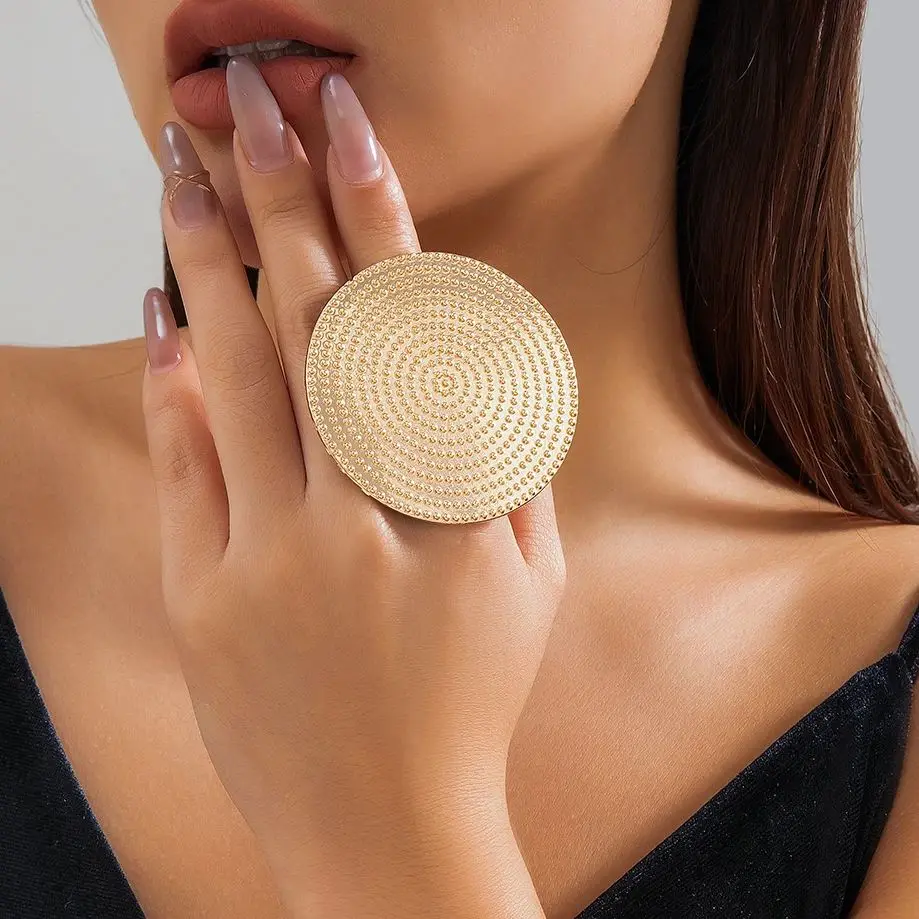 

IngeSight.Z Punk Metal Big Circular Dot Spiral Ring for Women Retro Gold Color Wide Open Adjustable Finger Ring Party Jewelry