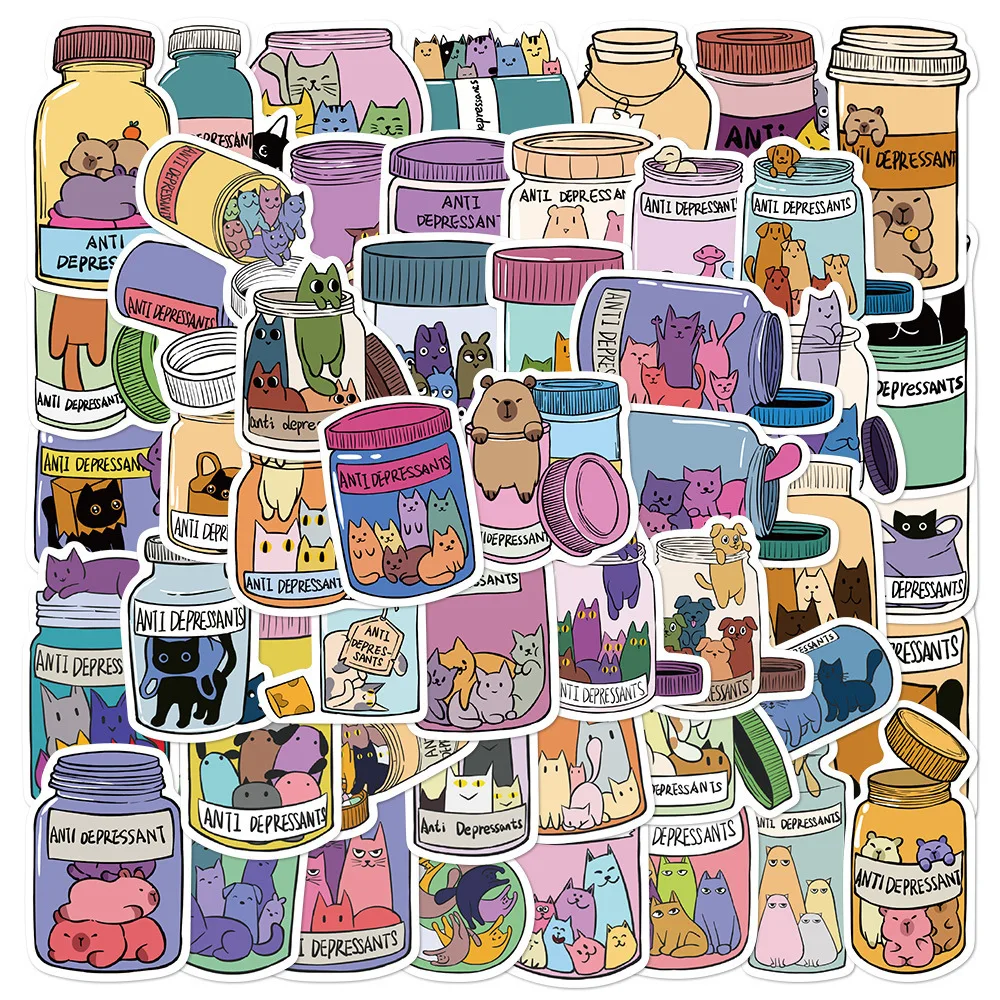50 autocollants imperméables DIY pour carnet, motif chat dans le flacon de médicaments, anti-dépression, pour le marché international