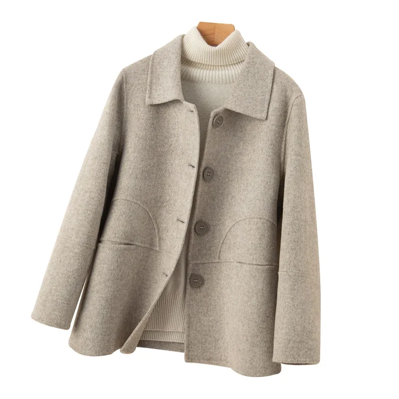 2024 Short Women's 100% Wool Coat Double-Sided Woolen Polo Collar Jacket Spring and Autumn Buckle Coat Loose and Comfortable