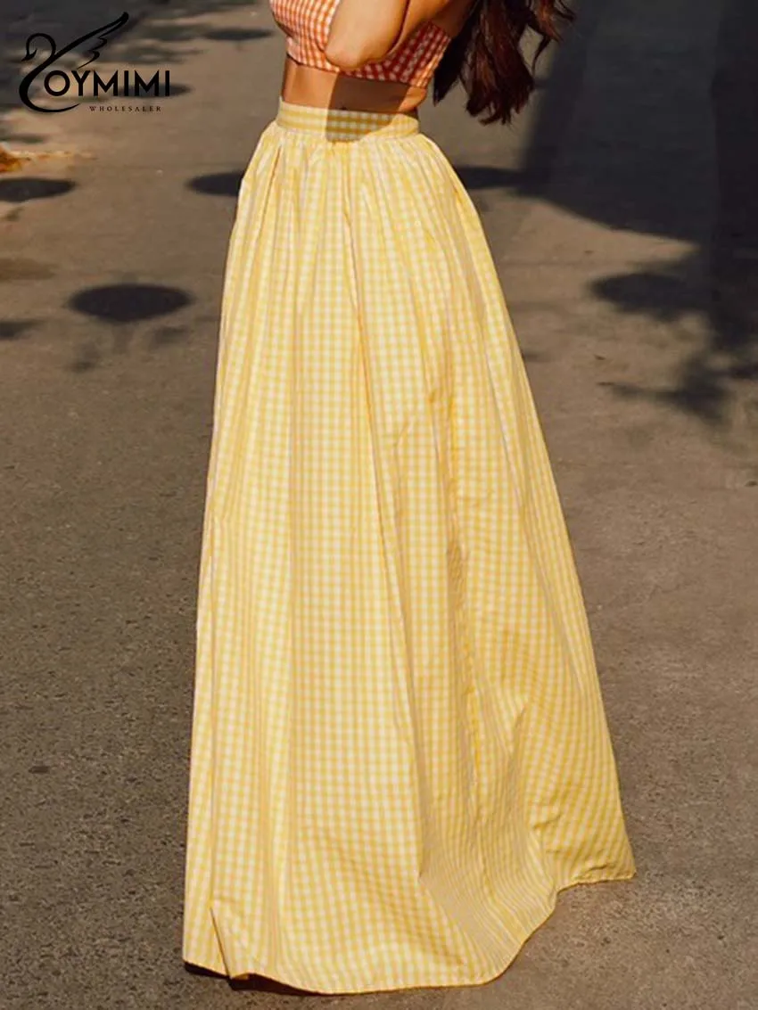 Oymimi Women's Yellow Premium Gingham Maxi Skirt 2026 Spring High Waisted Pleated Flowy Pocket Effortless Retro Casual Outfit