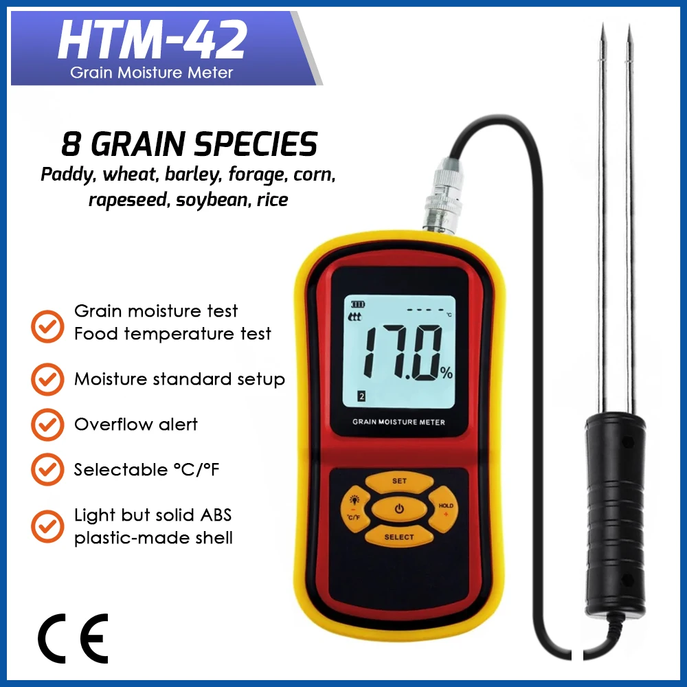 Digital Grain Moisture Meter Sensitive Probe 8 Grain Variety Analyzer Large LCD Paddy Wheat Barley Corn Soybean Rice