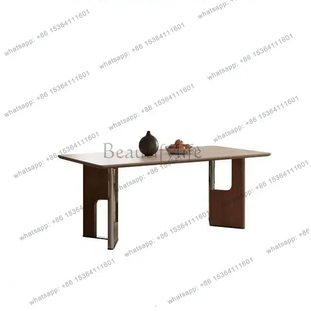 

French retro solid wood rock slab dining table household combination modern simple small apartment stainless steel rectangle