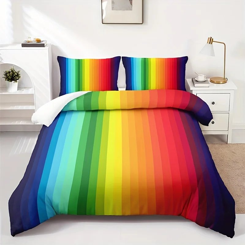 3pcs Fashion Duvet Cover Set, Rainbow Striped Print Bedding Set, Soft Comfortable Duvet Cover, For Bedroom, Guest Room (1*Duvet 