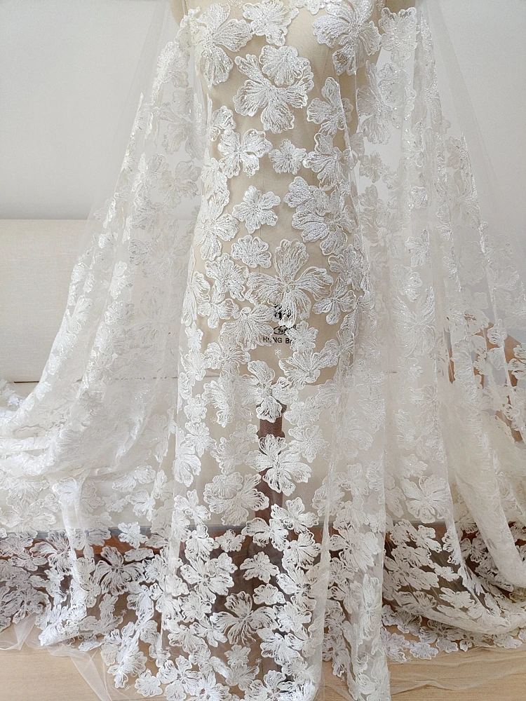 

Wedding Dress Beaded Sequin Tulle Embroidery Lace Floral Appliqued Fabric Bridal Veil Craft Trim Supplies Material