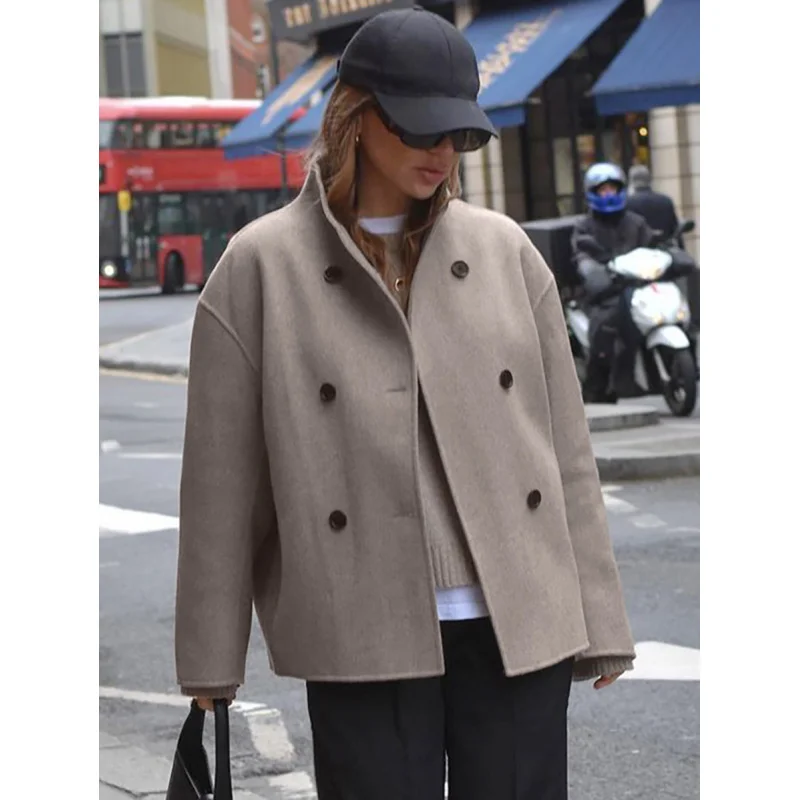 2024 Autumn/Winter New elegant fashion retro Brown Stand Up Collar Coat Women\'swarm coat solid color