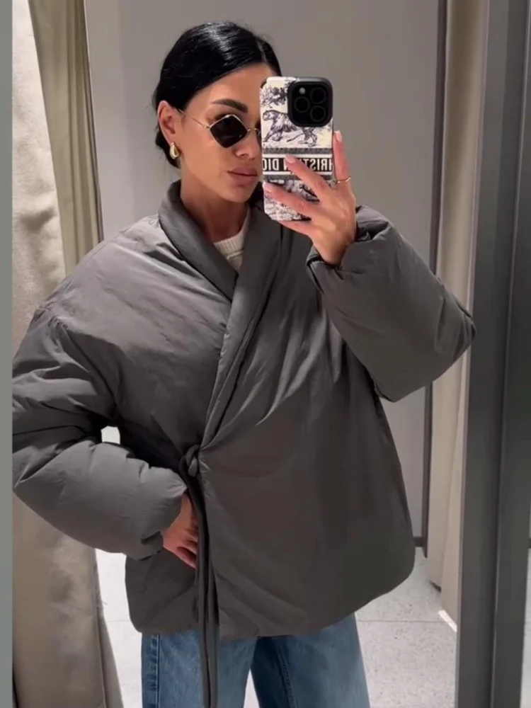 

Winter New Casual Gray Lace Up Coat Women Cotton V-neck Luxury Pocket Thick Jackets Female Street All-match Outwear