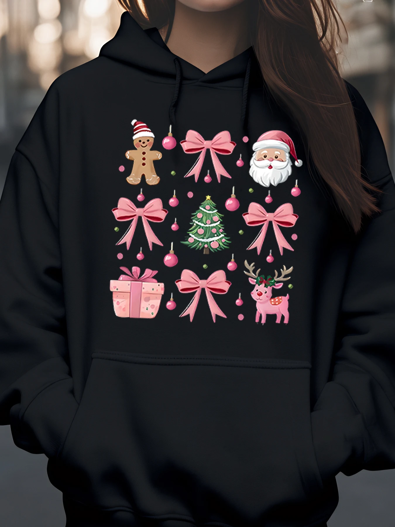 

Рождественский розовый бант, пряничный Санта-Елка, олень, подарочная толстовка с капюшоном, праздничная одежда для женщин