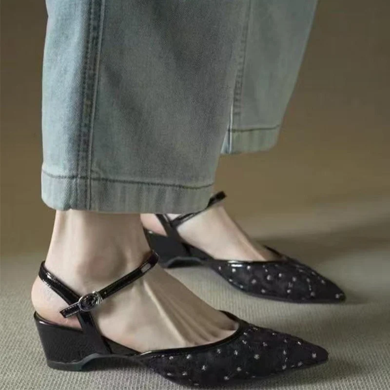 Embroidery Sandals Women Pointed Toe High Heels Shoes Mesh Slippers Designer Brand Dress Shoes Chunky Pumps Trend Mujer Slides