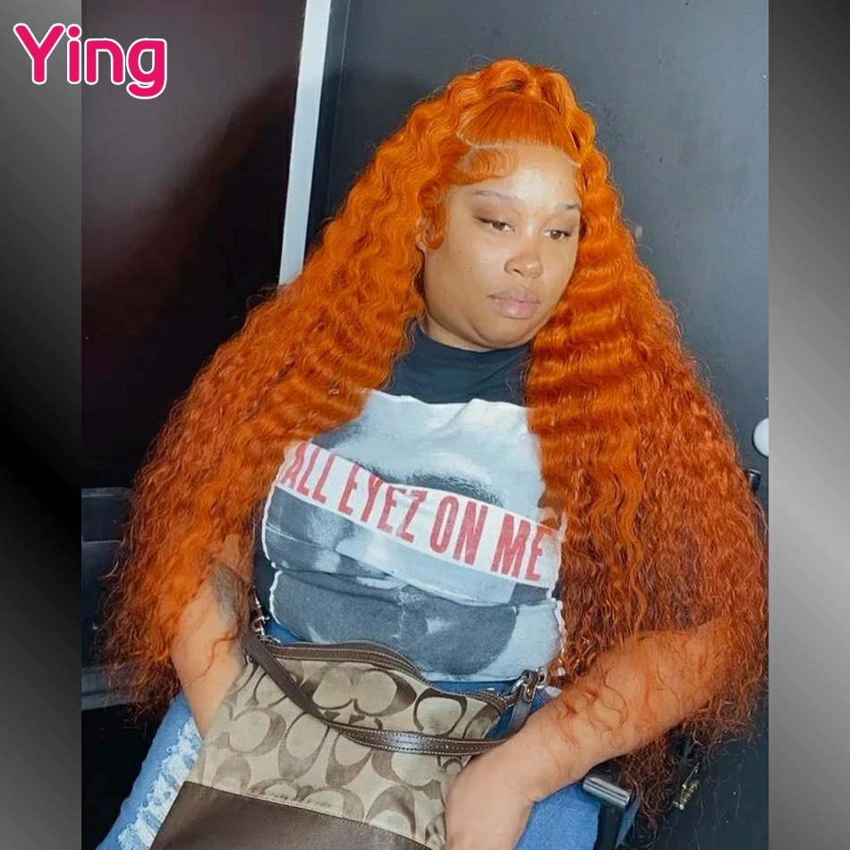 36inch Bright Orange Colored 250% Deep Wave 13x4 13x6 Lace Frontal Human Hair Wigs PrePlucked Brazilian Curly 5x5 Closure Wigs