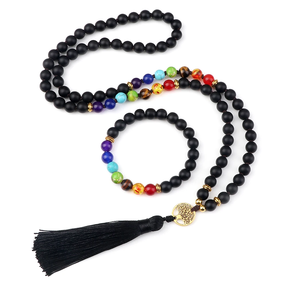 Luckly 7 Chakra Beaded Necklaces & Bracelets 8mm Matte Black Onyx Stone Necklace Japamala Sets Women Men Meditation Yoga Jewelry