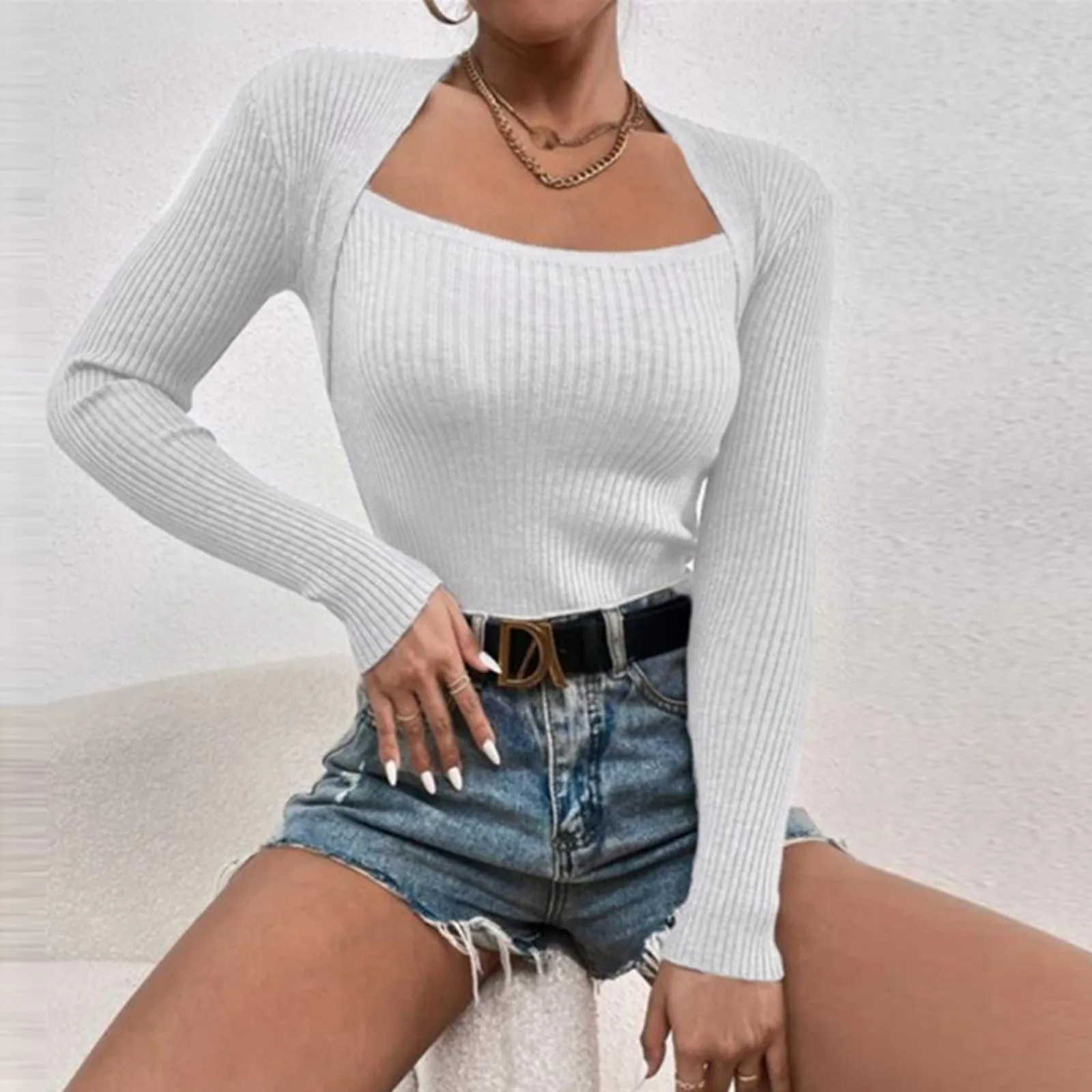 

Treetwear Jumpers Knitwear Sweaters Bottomed Sweater Women Long Sleeve Knitted Tops Pullover Square Neck Solid Knit Pullover