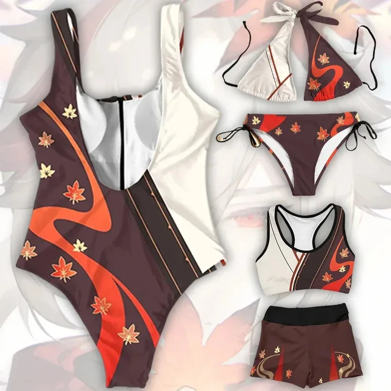 

2023 Anime Kaedehara Kazuha Swimsuit Cute Genshin Impact Cosplay Bikini Sets Costume Summer Maple Leaf Pattern Tops and Pants