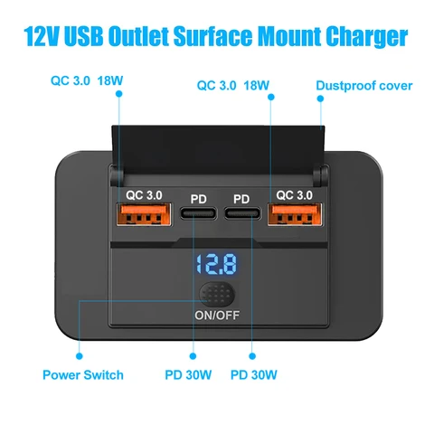 4-портовая USB-C розетка 12/24В для настенного монтажа, автомобильное зарядное устройство с кнопочным выключателем, водонепроницаемые автомобильные аксессуары для автобусов, фургонов, грузовиков
