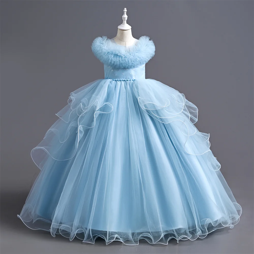 Fancy Puffy Flower Girls Ruffles Soft Tulle Sequined Party Dress Teenage Girls Birthday Gowns White Pink Light Blue Long Dress