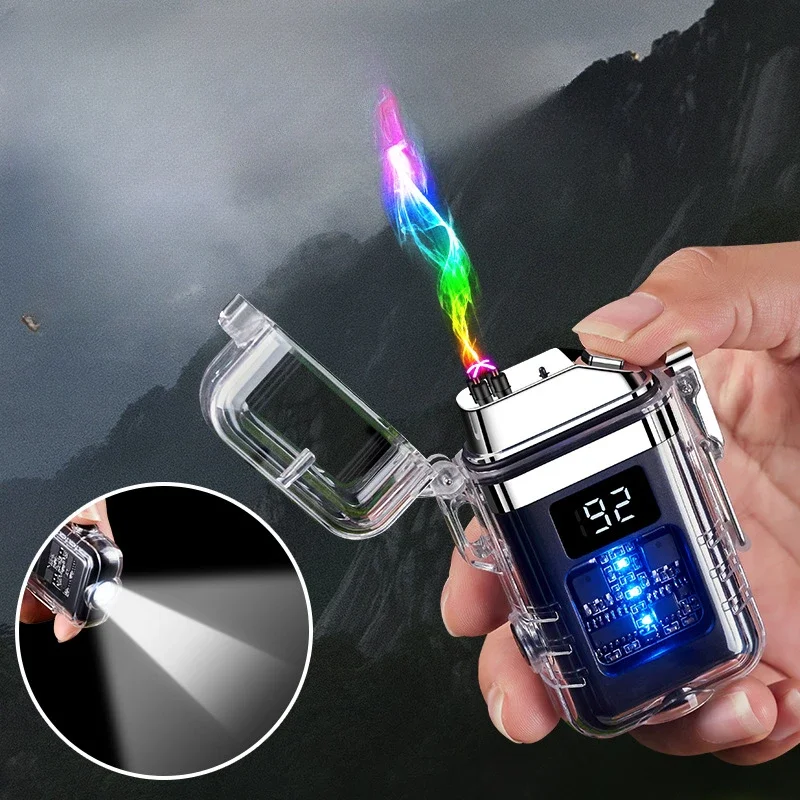 Electric Transparent Windproof Waterproof Double Arc Lighter, USB Rechargeable, Digital Display Power, Men's Gifts, Outdoor