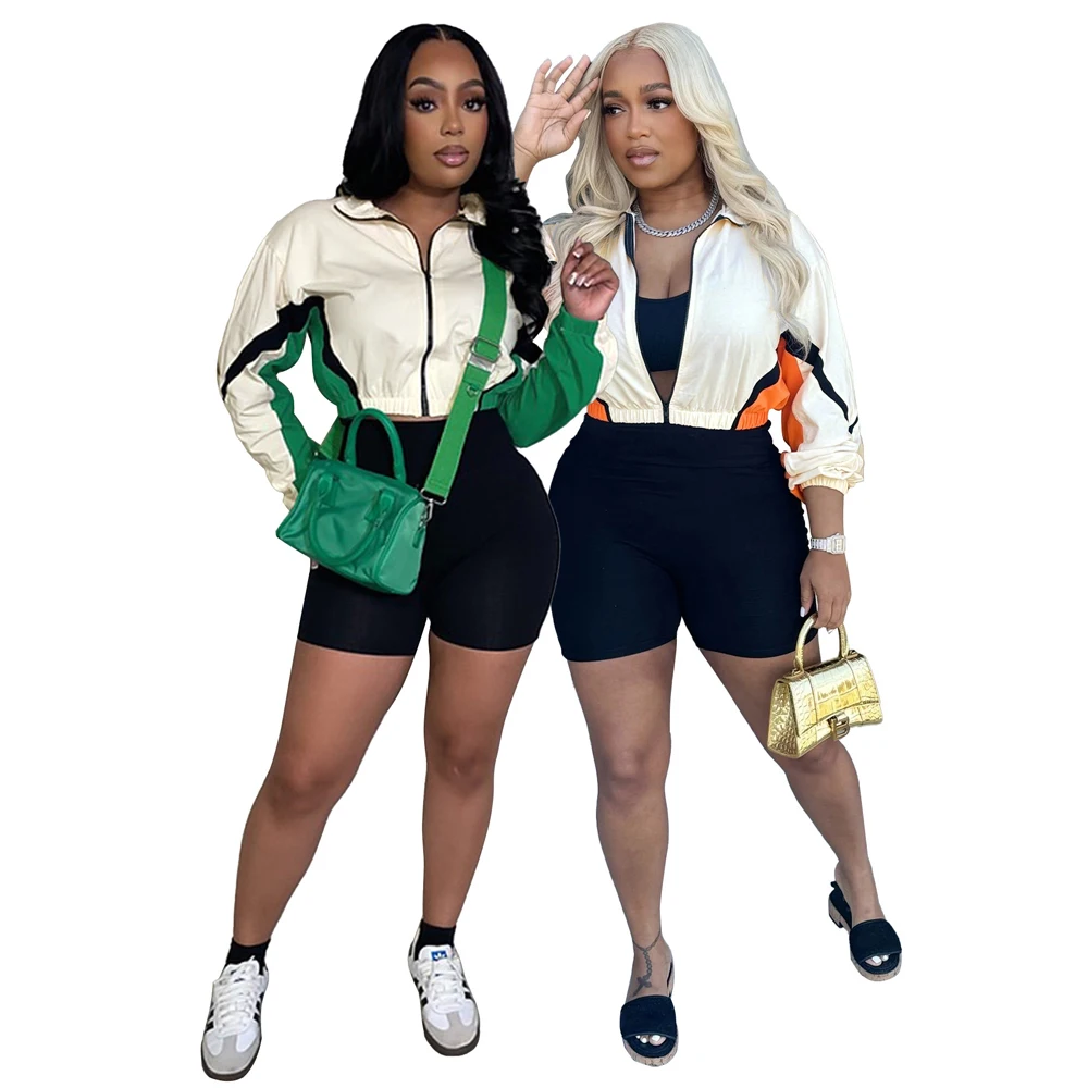 Herbst Damen Zweiteiler Set: Farbblock Crop-Zip-Jacke und Biker-Shorts mit Stehkragen und elastischem Saum, Streetwear Sportlich Lässiger Trainingsanzug – Detail 2