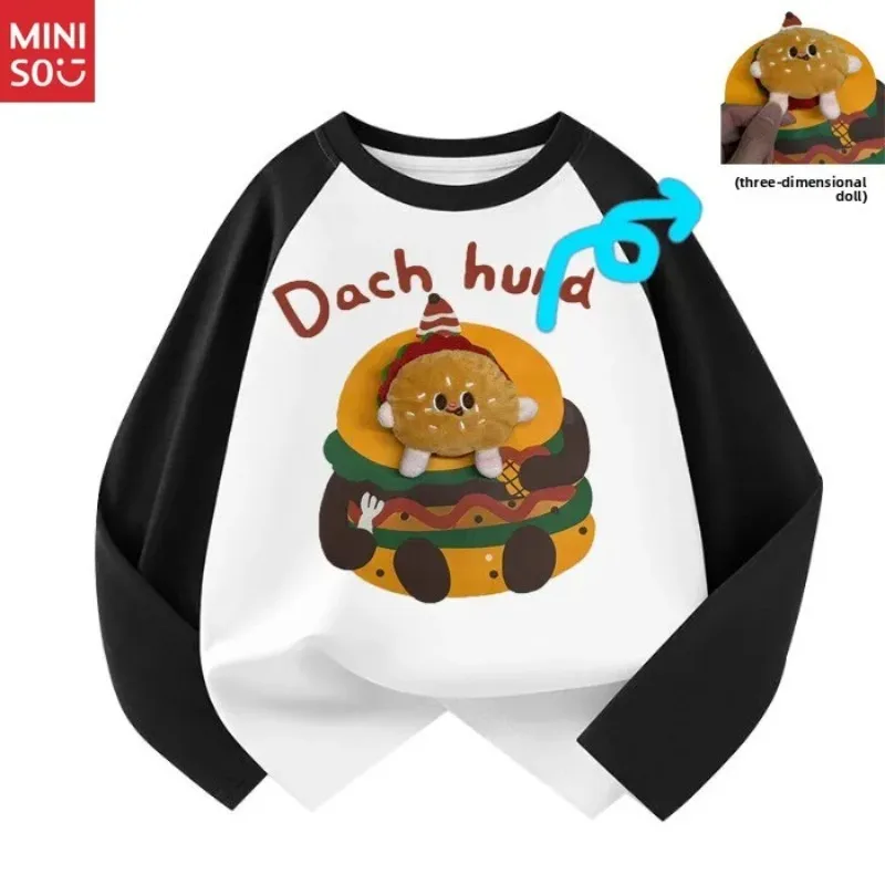 

Miniso 2025 3D Plush Burger Spring Autumn Cool Boys Casual Long Sleeve Raglan Big Kids T-Shirt Round Neck
