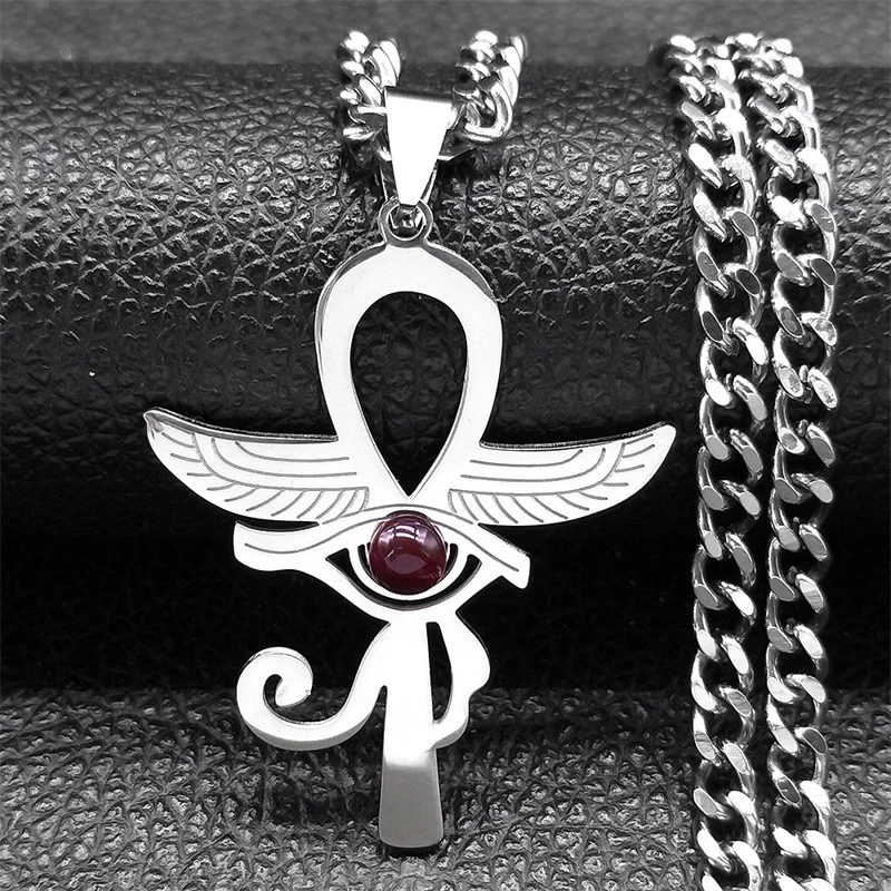 Alte Ankh Kreuz Auge von Horus Ägypten Flügel Halskette Amulett Frauen Edelstahl roten Stein religiöse Halsketten Schmuck n9751s03 – Detail 4