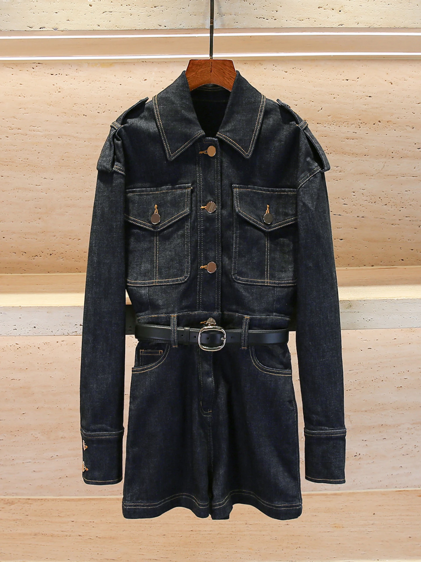 

Джинсовый комбинезон с высокой талией и воротником-поясом, осень-зима, Новое поступление, женская элитная мода от SP Home Oil