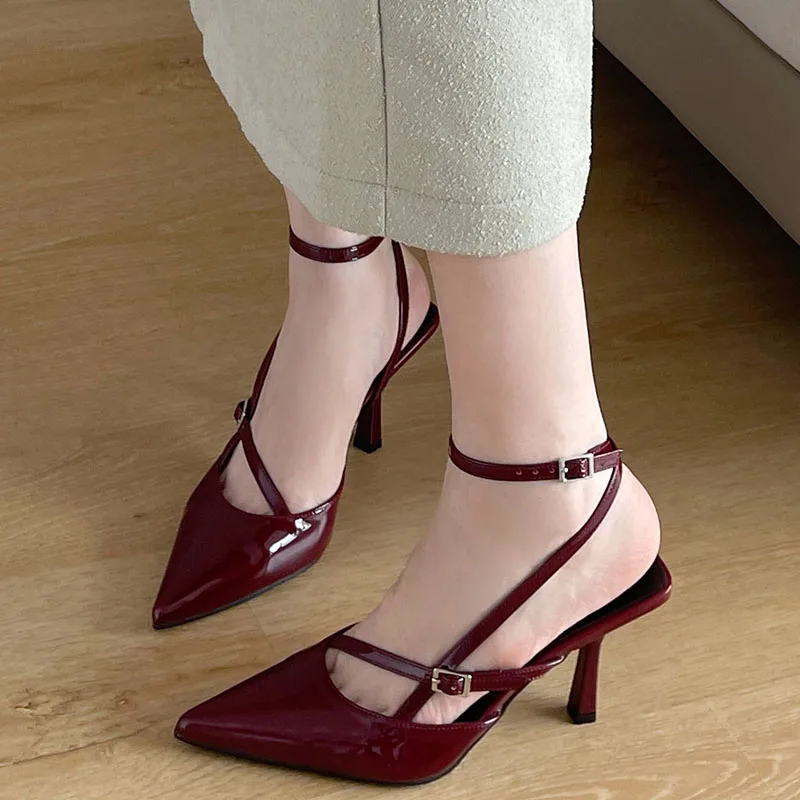 Buckle Strap Pointed Toe Woman Sandals Ankle Red Thin High Heels Designer Prom Shoes Zapatos Mujer New Ladies Party Mules Shoes