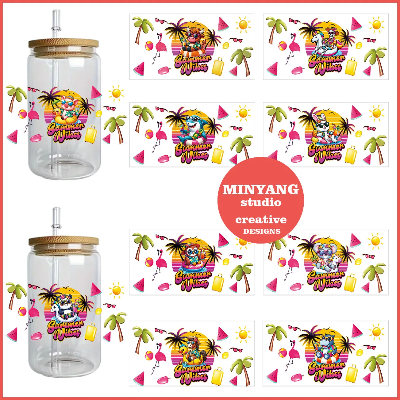 Beach cartoon animals peel waterproof DIY Decals 3D transfers uvdtf crystal stickers 16oz uv dtf cup wraps for Libbey Glasses