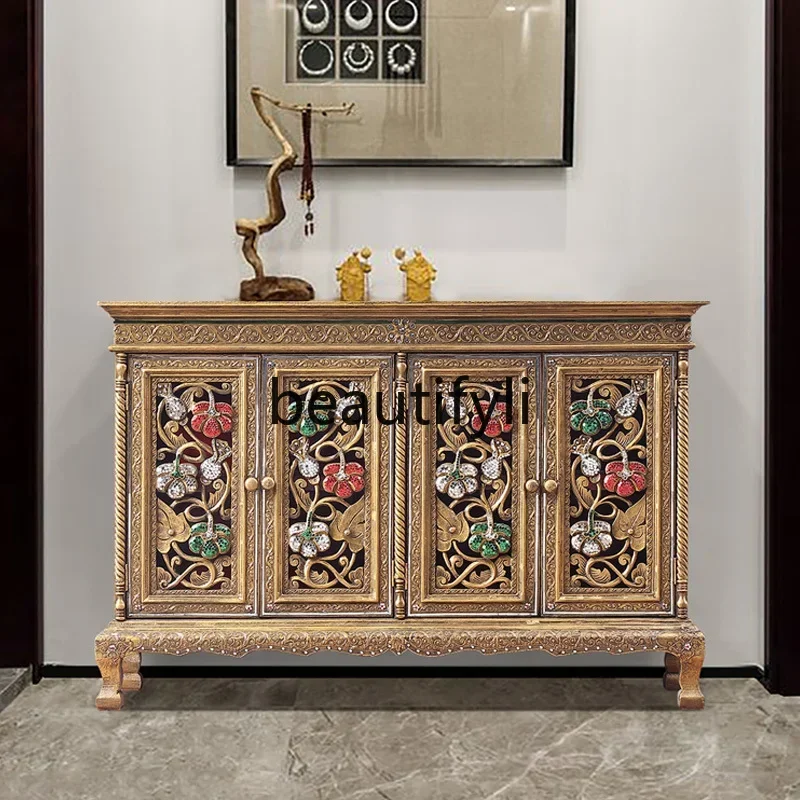 LXThailand Lanna style solid wood engraved entrance cabinet South East Asia living room screen cabinet, storage cabinet furnitur