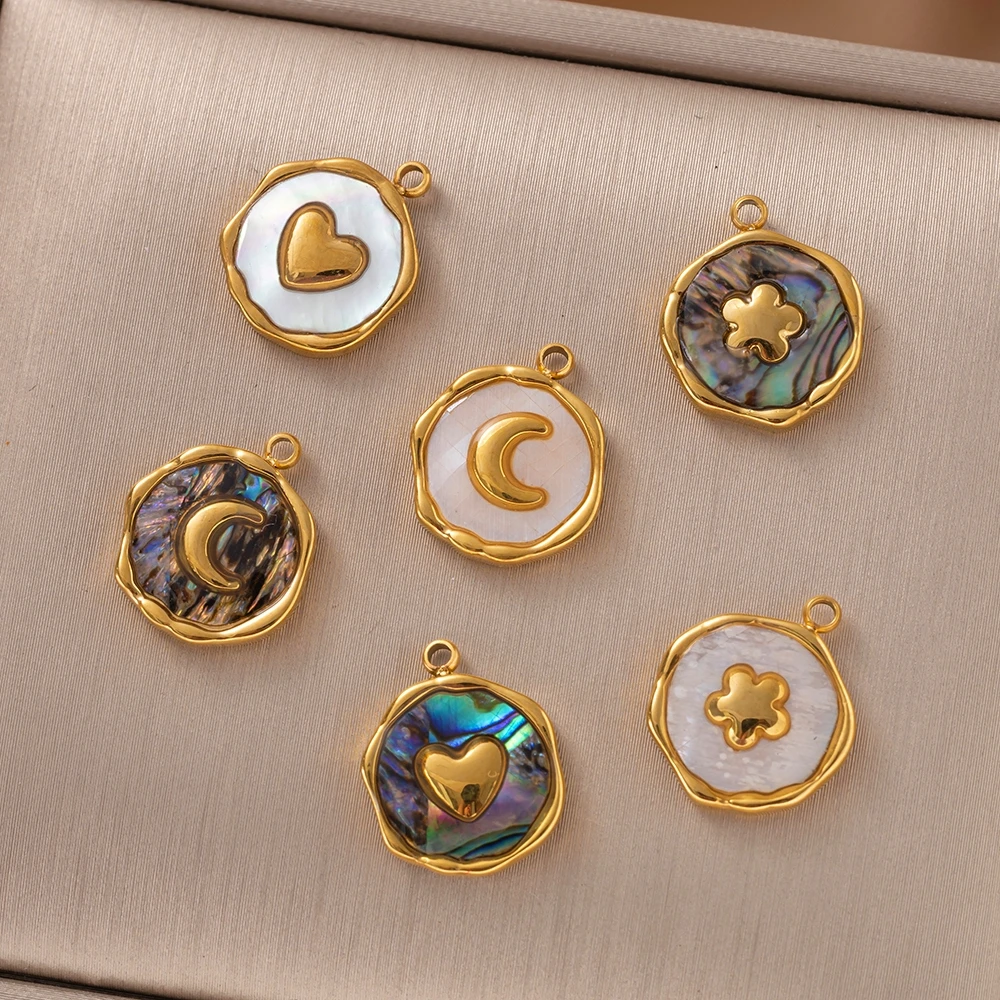 2Pcs 18K Gold Plated Stainless Steel Charms Colorful Shell Moon Irregular Circular Pendant For DIY Necklace Jewelry Making image 4
