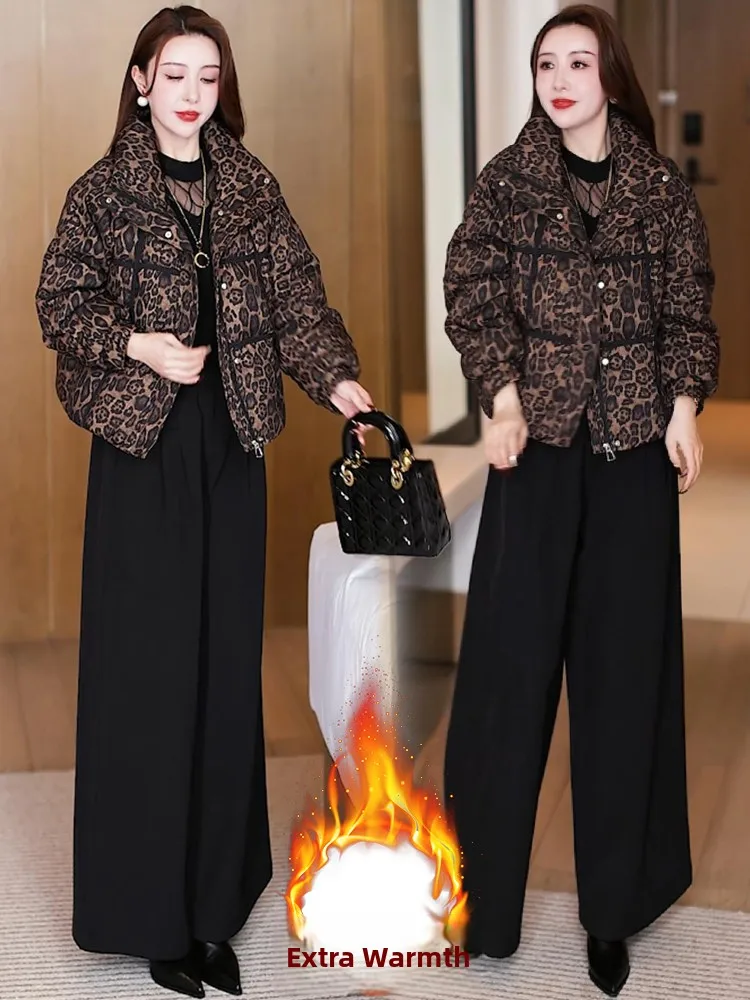 Faionable Thiened Cotton down Jaet Ladies Coat Leopard Print ort Size Bread Sle Winter New Arrival Korean Loose Fit