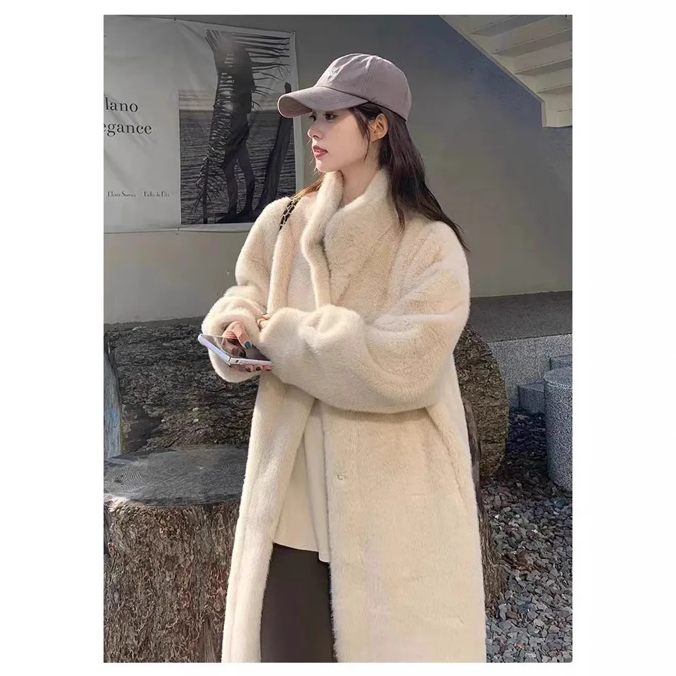 Women's Thick and Long Standing Collar Mink Fur Mink Fur Fur One-piece Fur Eco-friendly Fur Coat Women's Coat Light and Warm