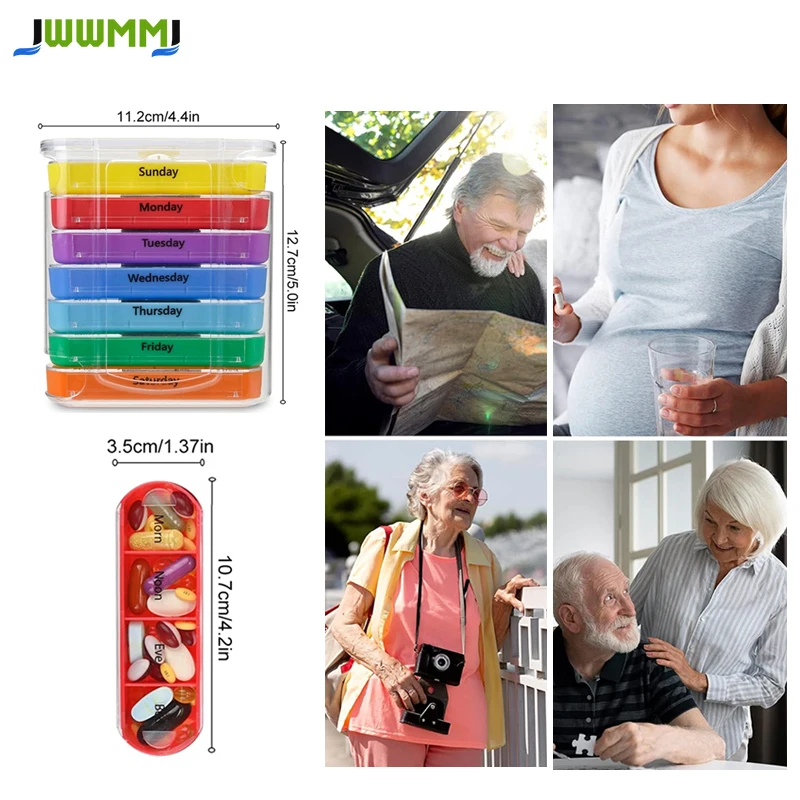 

1pcs 1 Dispenser Weekly Pill Organizer 7 Stackable Compartments for Morning Noon Evening Bedtime - Four Times-a-Day Dosage