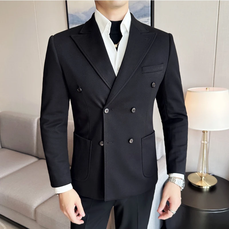 British Daily Men Blazer Hombre Fashion Double Breasted Slim Suit Blazer Homme Solid Color Suit Jacket Casual Trendy Masculino