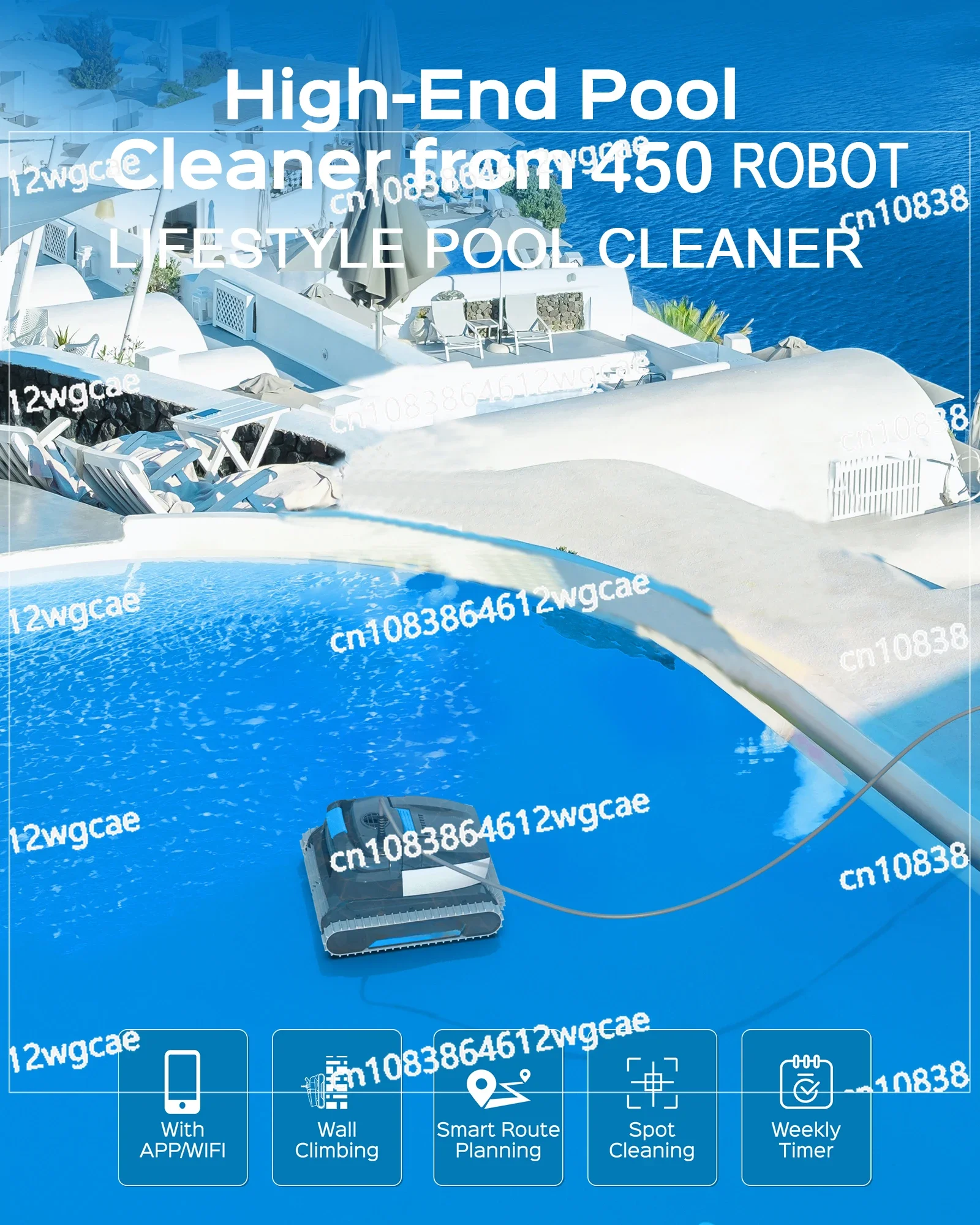 Swimming Pool Cleaner Electric Robot WY450 18m Floating Cable for Mosaic Cement Tiles, PVC 200W Wall-climbing