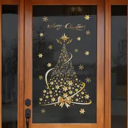 Gold Christmas Tree Decorative Glass Sticker Christmas Tree Window Clings Stickers Christmas Decals Home Party Decorations