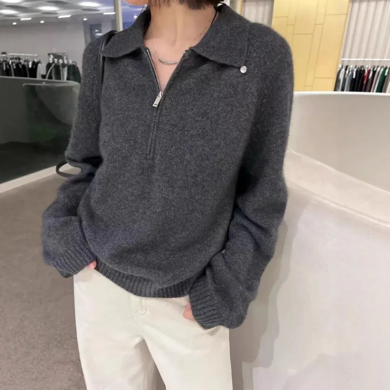 Women Polo Collar Half Zipper Sweaters Solid Color Autumn Winter Warm Tops Female Lapel Kintted Pullovers Elegant Chic Knitwear