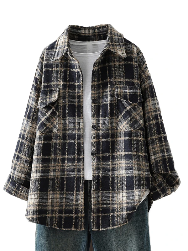 Thiened Wollen Plaid irt Dames Herfst Winter Koreaanse Sle Fce Gevoerd Casual Bovenkleding Loose Fit Warm High End irt