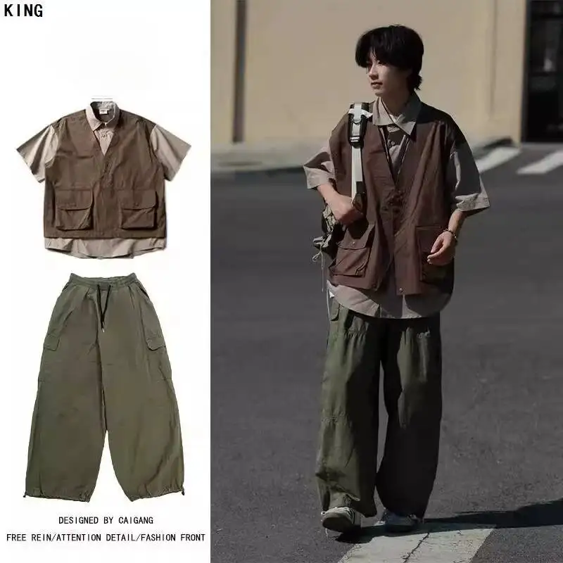 

Man Two Pieces Set 2026 New Man Fake Two Piece T-shirt Vest Short Sleeve Shirt Men Casual Multi-pocket Cargo Wide Leg Pants