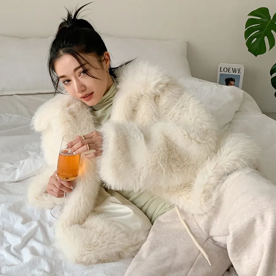 الخريف الشتاء النساء الأبيض فو الفراء معاطف العمل رفض طوق معطف قصير الشرير القوطية سميكة الدافئة فروي الشارع الشهير جاكيتات العمل #5