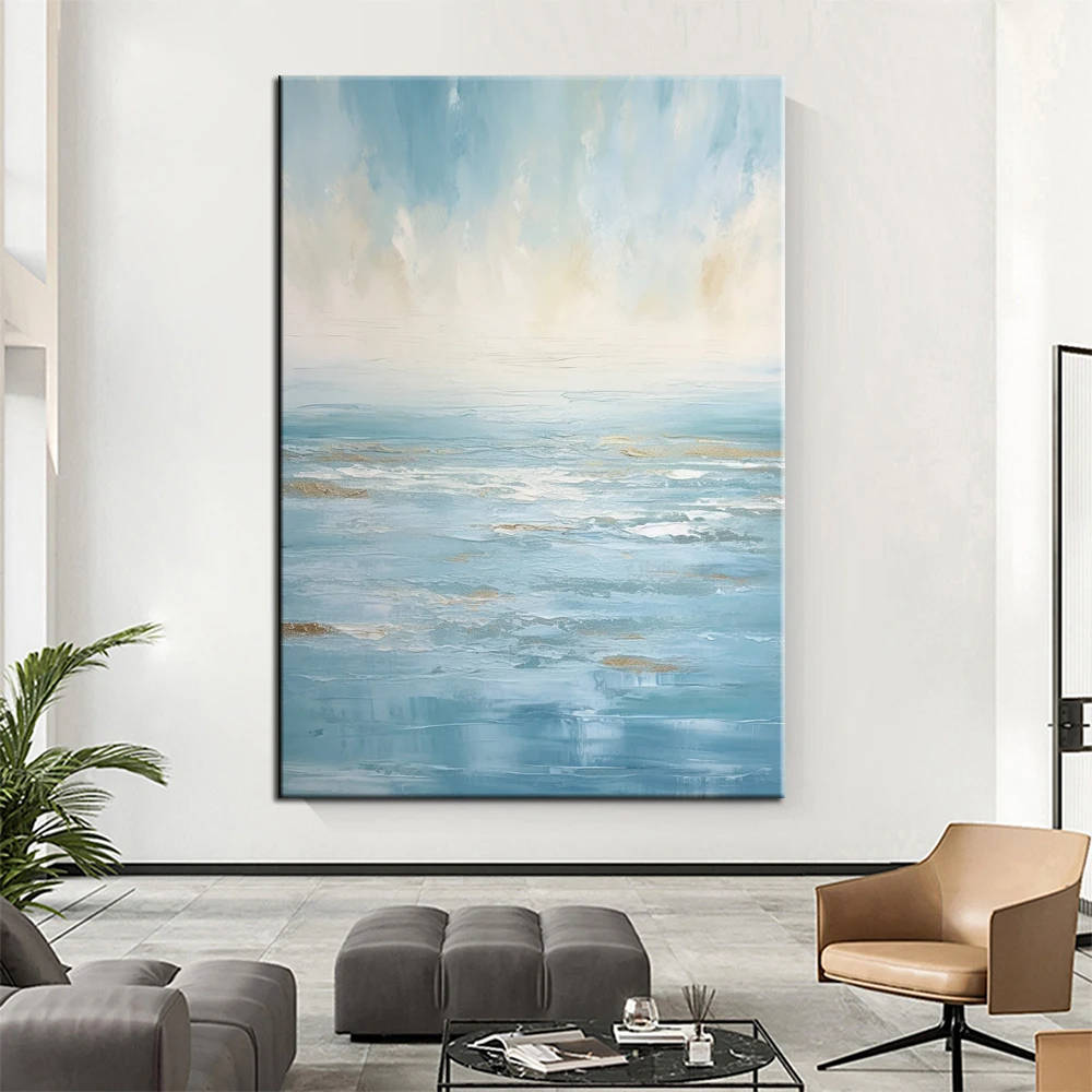 Hand Painted Oil Painting Original canvas oil painting Blue ocean abstract painting golden waves living room wall art painting