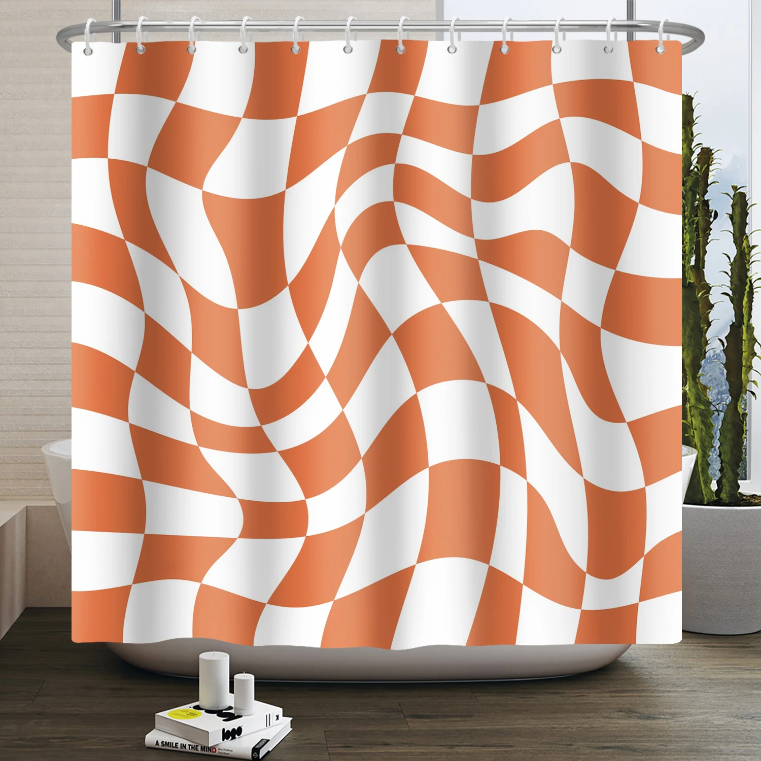 Abstract Psychedelic Black White Checkered Shower Curtain 70s Modern Aesthetic Wavy Geometric Plaid Bathroom Curtain Waterproof