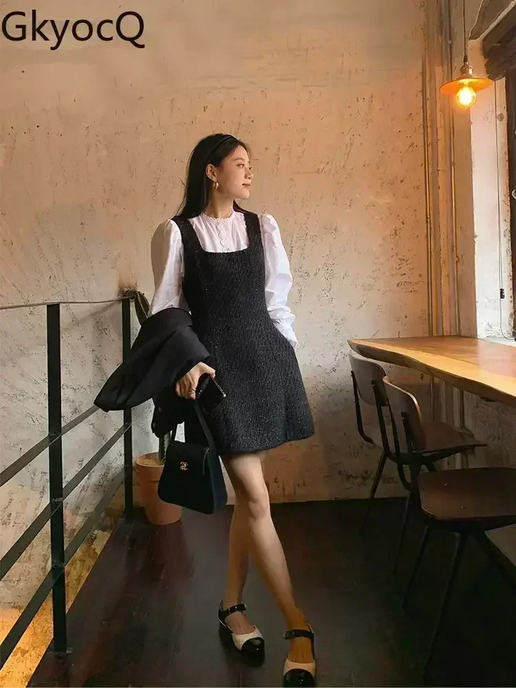 

GkyocQ Autumn New Black Small Fragrant Wind Undershirt Dress Female Senior Sense of Waist Slim Short Tweed Strap Dresses