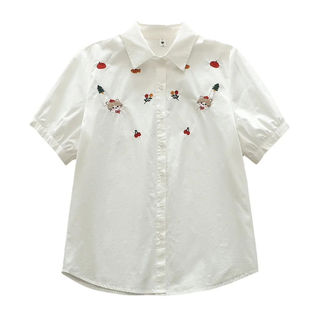 New Spring Cotton Embroidery Commute Shirt Women Lapel Short Sleeve Cute Top Girl Versatile Casual Blouses 2024 Autumn T45343QC