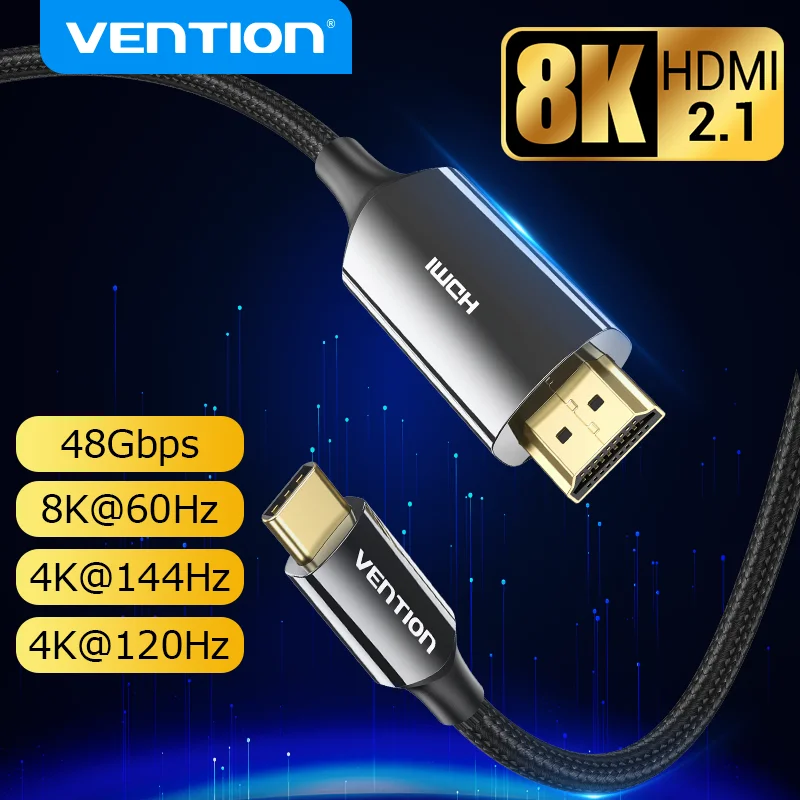 Vention 맥북 화웨이 메이트30 용 HDMI 케이블, 8K USB C to HDMI 2.1, 썬더볼트 3 4 어댑터, 4K60Hz, 4K120Hz, C타입 to HDM