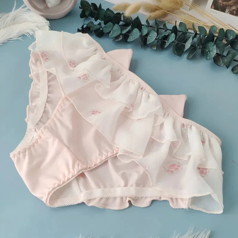 

Японское нижнее белье с кошачьими ушками для девочек, каваи, Лолита, молочный шелк, гладкая юбка с кошачьими когтями, трусы с краями, милые трусики с рюшами