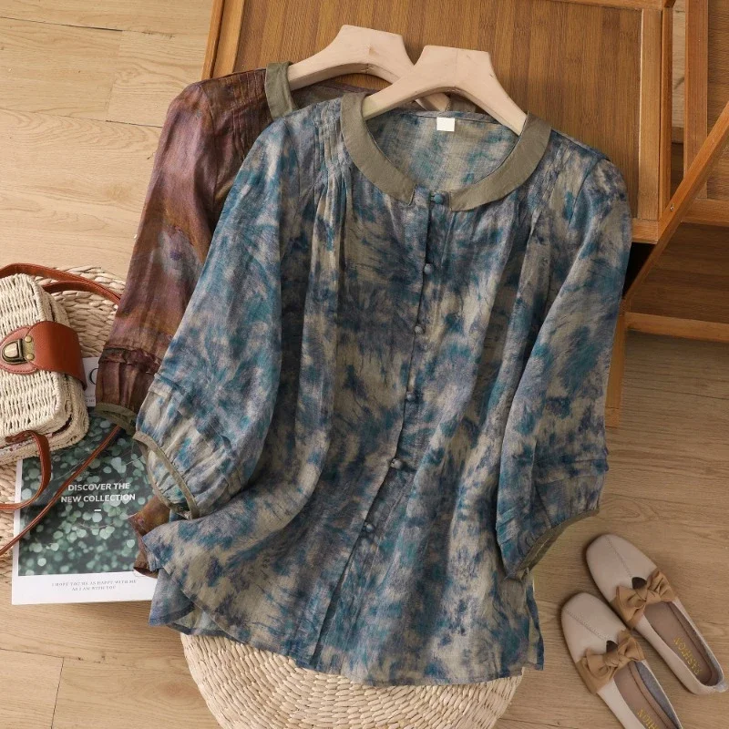 

Women's Chinese Style Summer Shirt, Cotton Linen Vintage Blouses, Prints Clothing, Loose Short Sleeve Tops