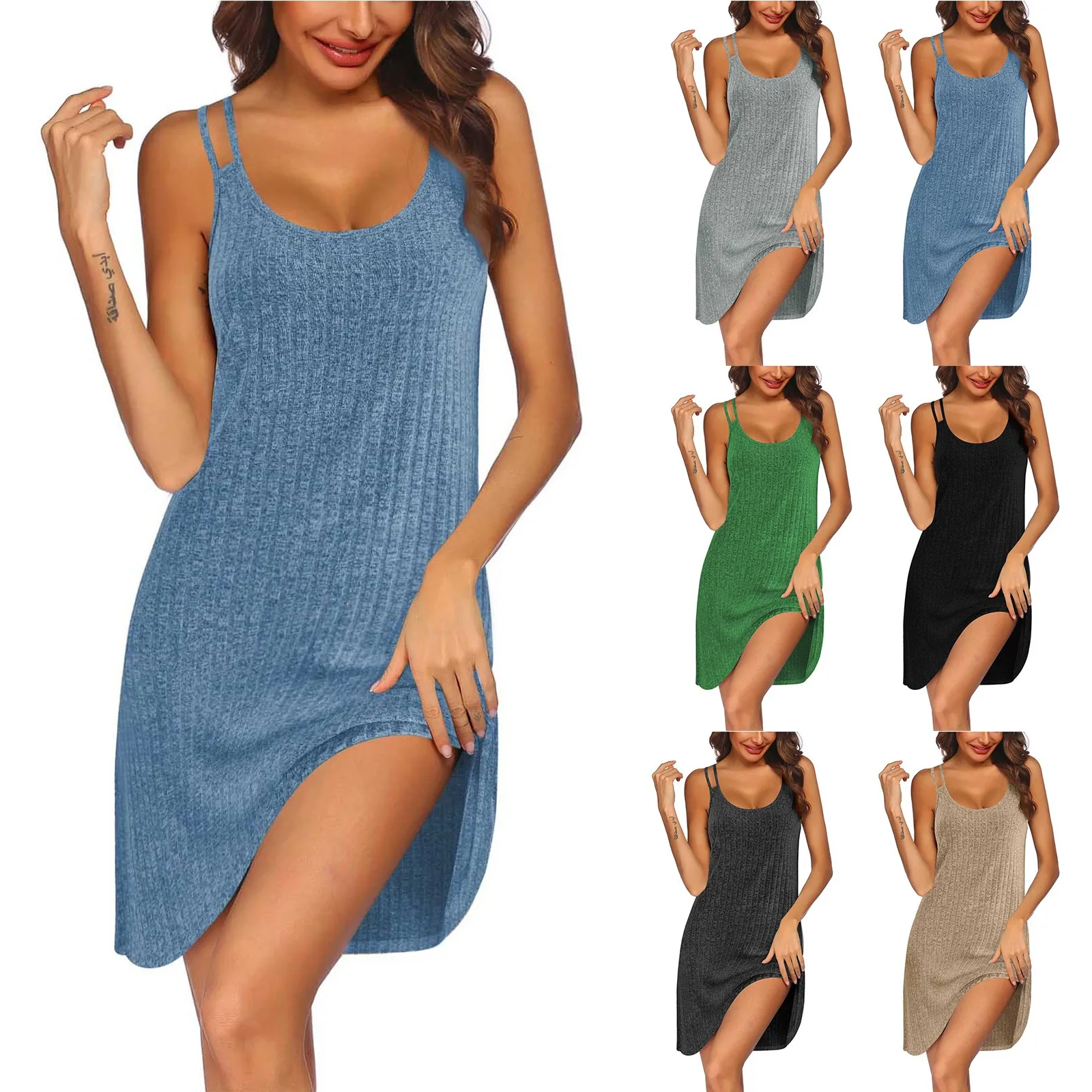 2024 Women's Sleeveless Sleepwear Sexy Slim Backless Sleepwear Ribbed Knitted Sleepwear Soft Nightwear Casual Loose Long Dress