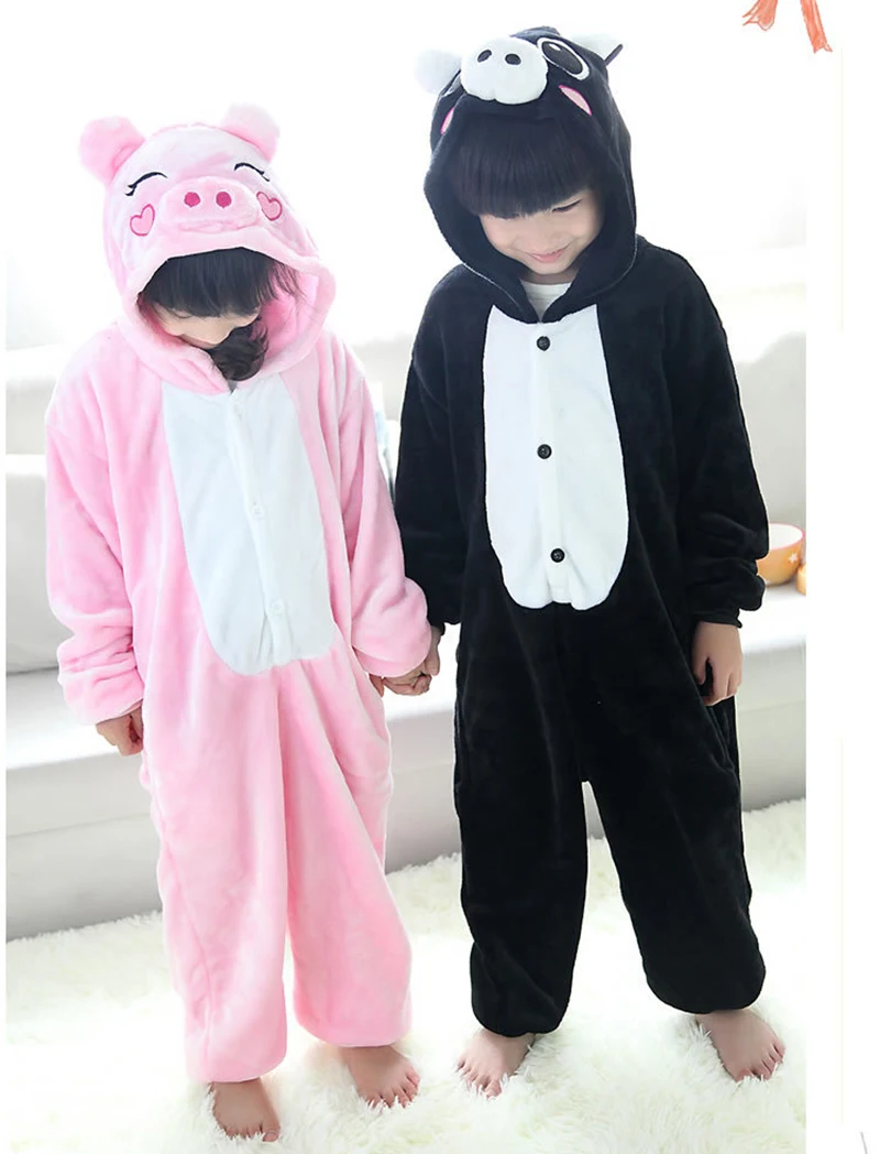 Animal Onesie Women Flannel Pajamas Set Adult Unisex Men Halloween Pig Cosplay Costume Couple Sleepwear Kids Christmas Jumpsuits