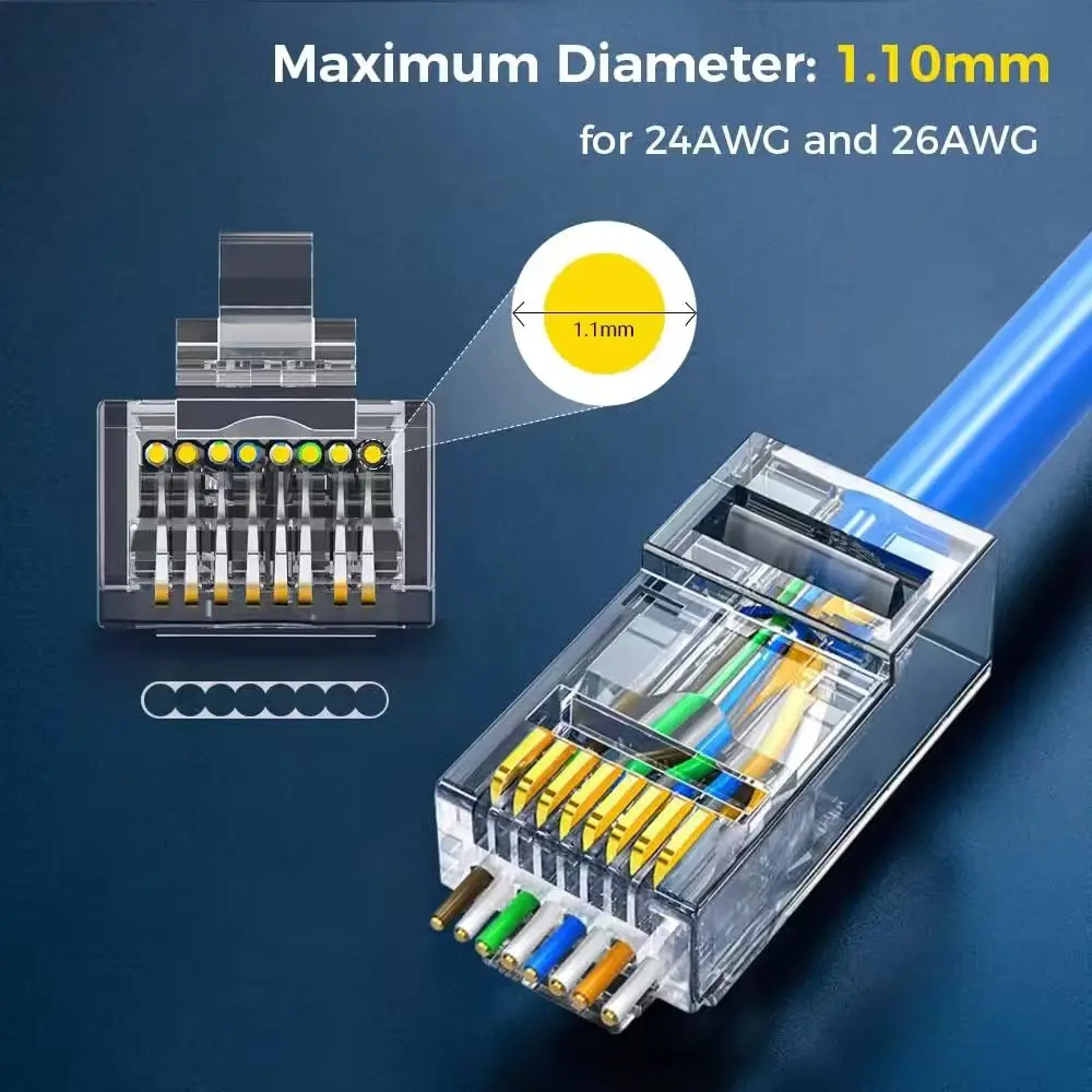 SUMMITOP 50/100PCS RJ45 Connector CAT6 Pass Through Connectors Crystal End Gold-Plated 8P8C Crimp UTP Standard Ethernet Network