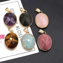 Natural Semi-precious Stone Pendant Faceted Elliptical Pink Crystal Charms for DIY Necklace Making Jewelry Accessories 20x32mm