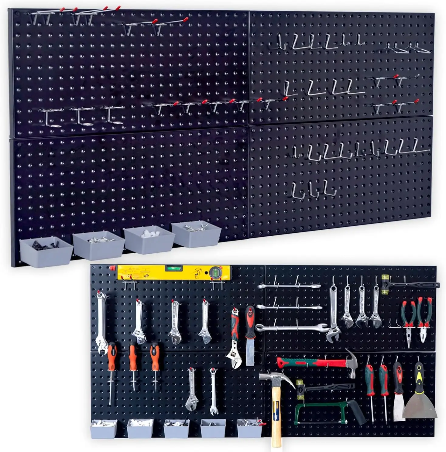 

Pegboard Organizer Garage Storage - 48pcs Pegboard Hooks Set, with 48x24 Inch Steel Peg Board & 4 Storage Bins（Black)
