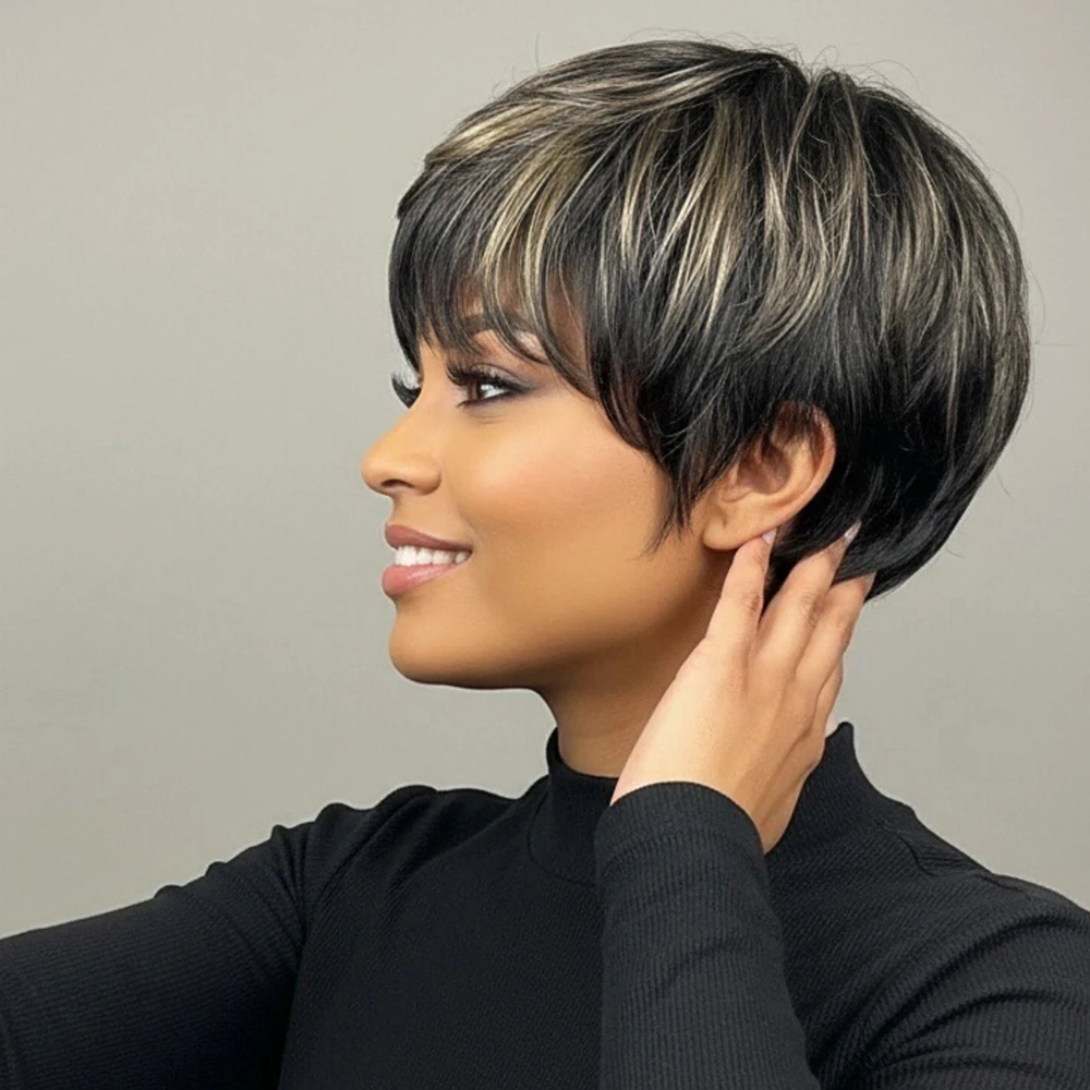 Светлые блики, бразильские человеческие волосы, прямой короткий парик с стрижкой пикси, многослойный с предварительно выщипанной челкой для женщин, машинное производство